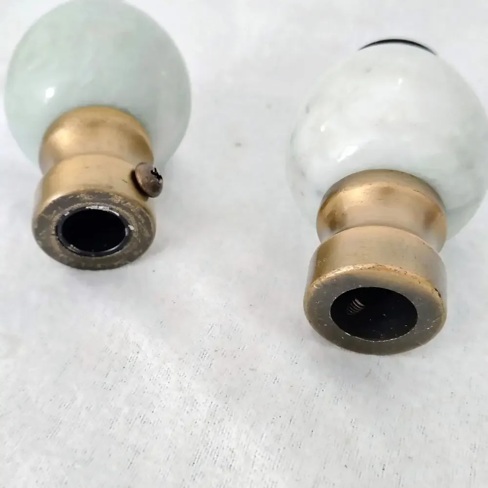 Vintage Brass Green Gray Marble Swirl Curtain Rod Finial Pair Drapery MCM Lamp
